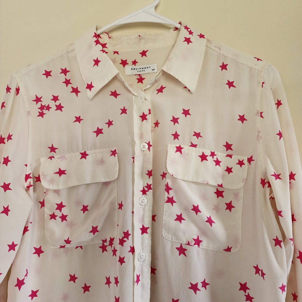 EQUIPMENT Slim Signature Silk Star Print Shirt White/Pink Size Small - Picture 5 of 13